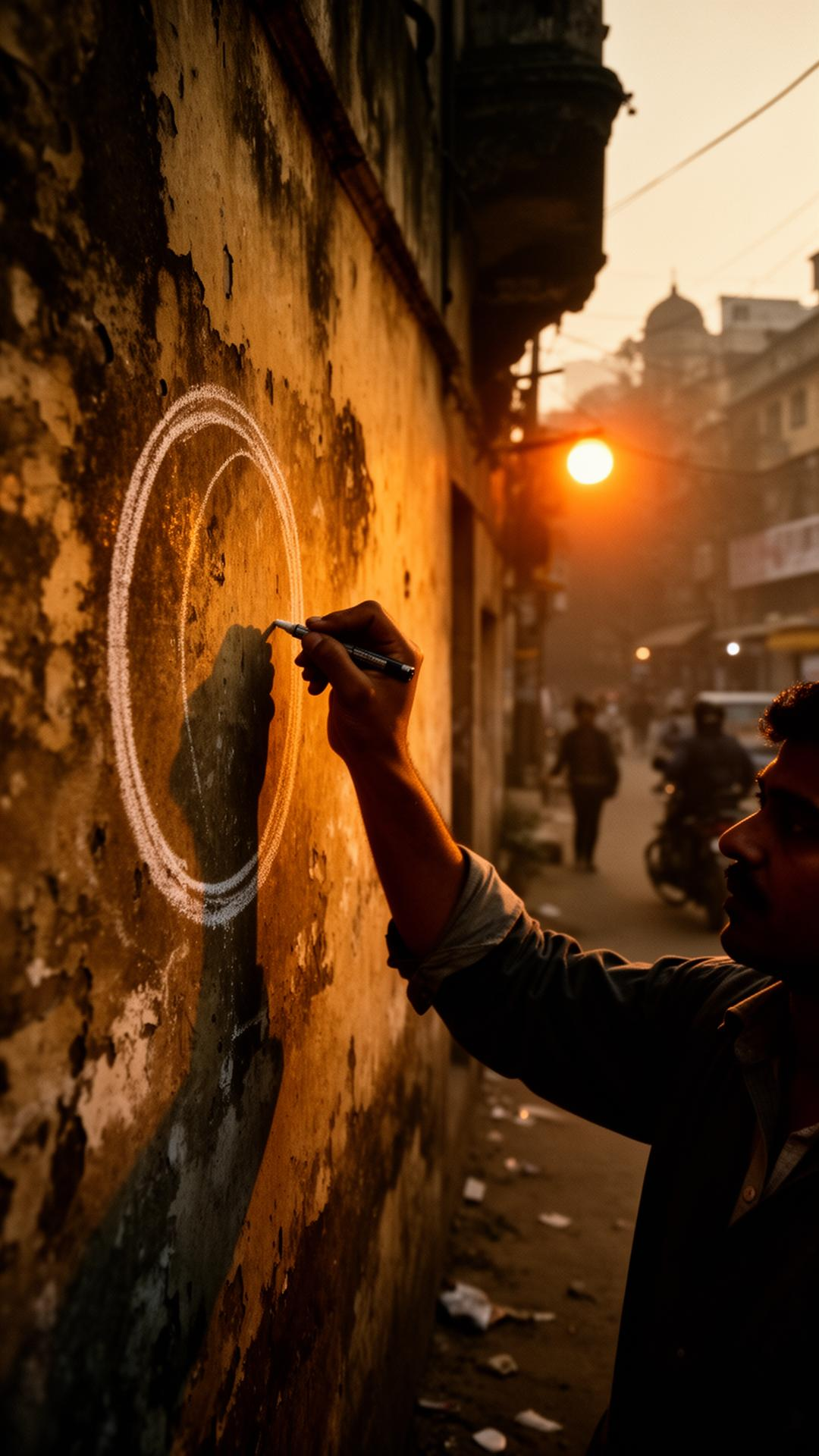 A hand drawing on a Delhi wall at dusk